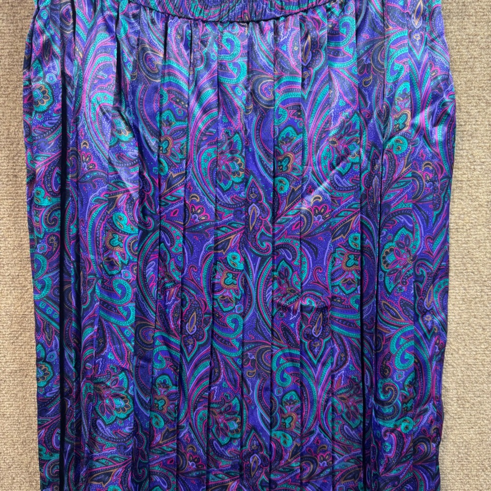 VTG Koret Multicolor Satin Boho Floral Paisley Full Pleated Skirt Sz 12 Pullon - Picture 9 of 10